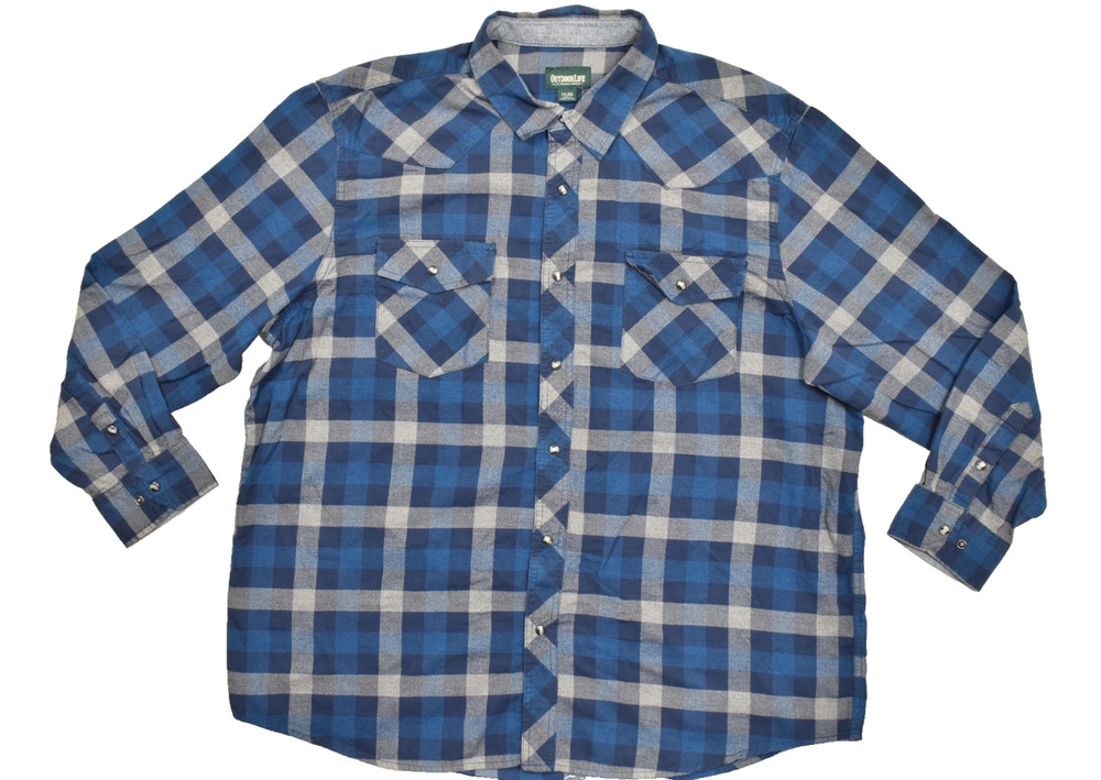 Outdoor Life Men XXL Blue Gray Plaid Flannel Long Sleeve Pearl Snap Western Shir